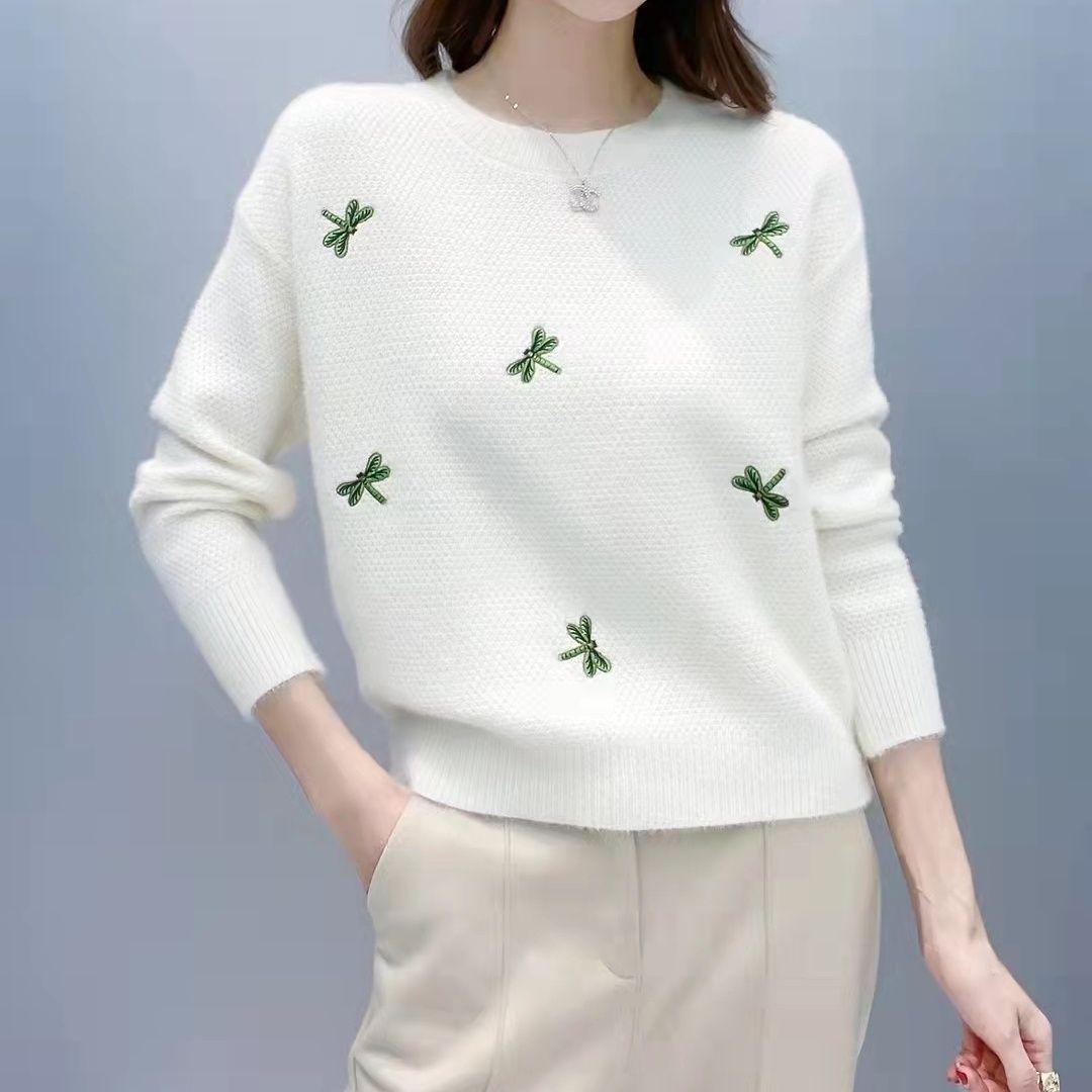 

Вышитый круглый вырез свитера осенний новый топ пуловер с длинными рукавами базовый вязаный свитер L белый