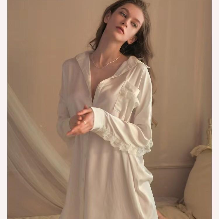 Ice Silk Nightdress Women's Pajamas Spring and Summer Long-sleeved Boyfriend Thin Top White Shirt Skirt Sexy Large Size