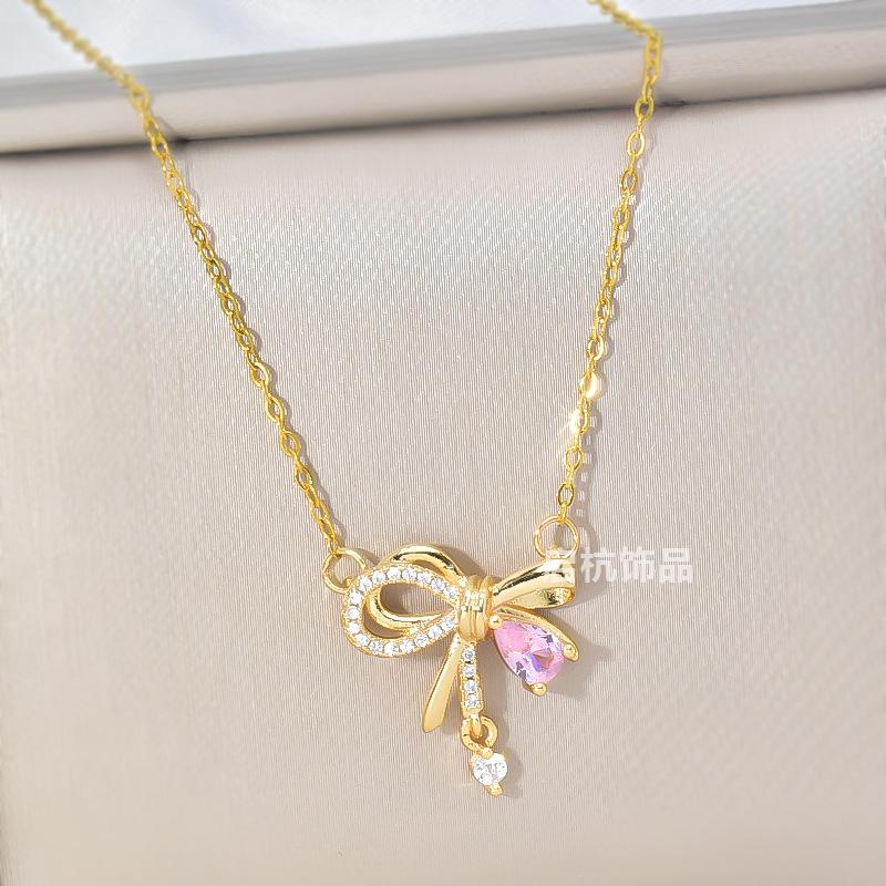 Wind Design Bow Necklace Women'S Light Luxury Versatile Micro-Inlaid Zircon Pendant With The Same Collarbone Chain
