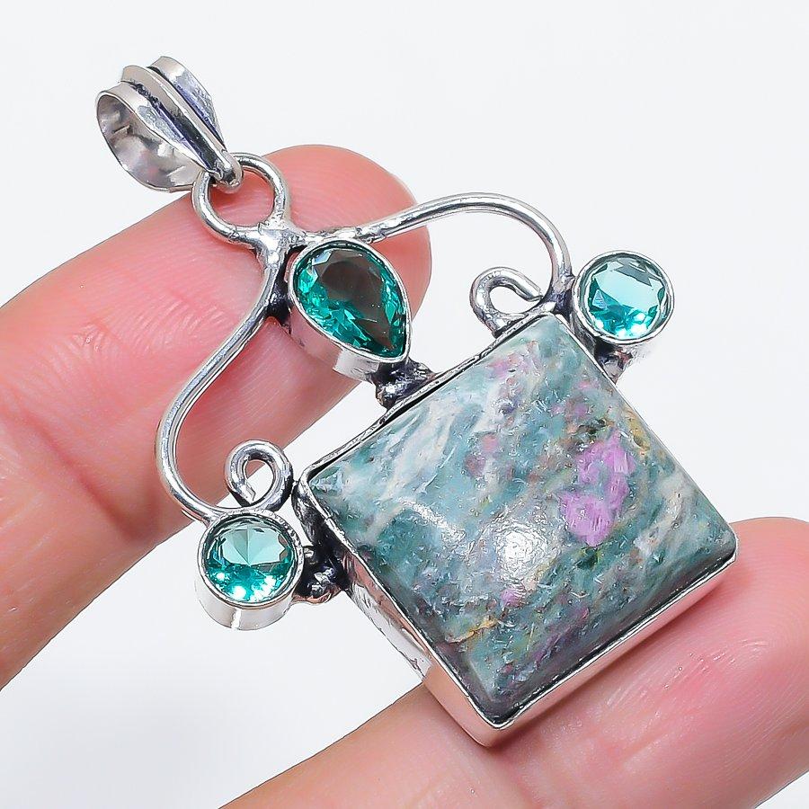 Natural Ruby Fuchsite, Topaz 925 Sterling Silver Jewelry Pendant 2.01" E0M78