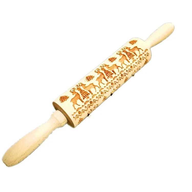 Vintage Pattern Engraved Baking Pastry Tool Fondant Dough Christmas Accessories Wood Embossing Rolling Pin