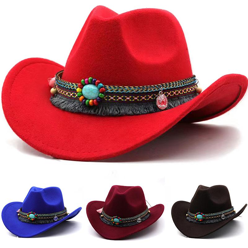 New Fashion Western Cowboy Hat Wool Tassel Belt Sombrero Cap Men Women Cowgirl Solid Color Jazz Elegant Lady Hollow Design Hats