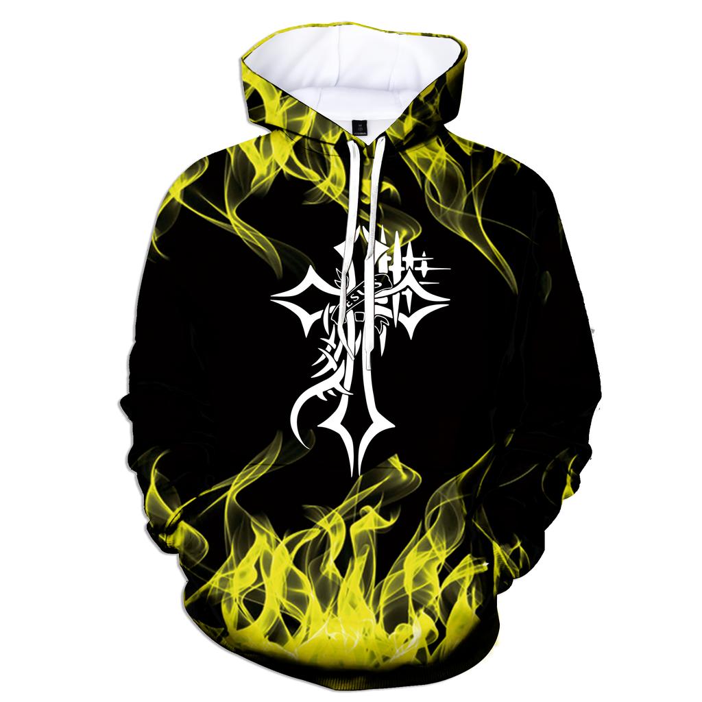 New Fashion Autumn and Winter 3D Flame Men's Hoodie Hooded Sweatshirt Pullover Cross Printed Large Size Sweater