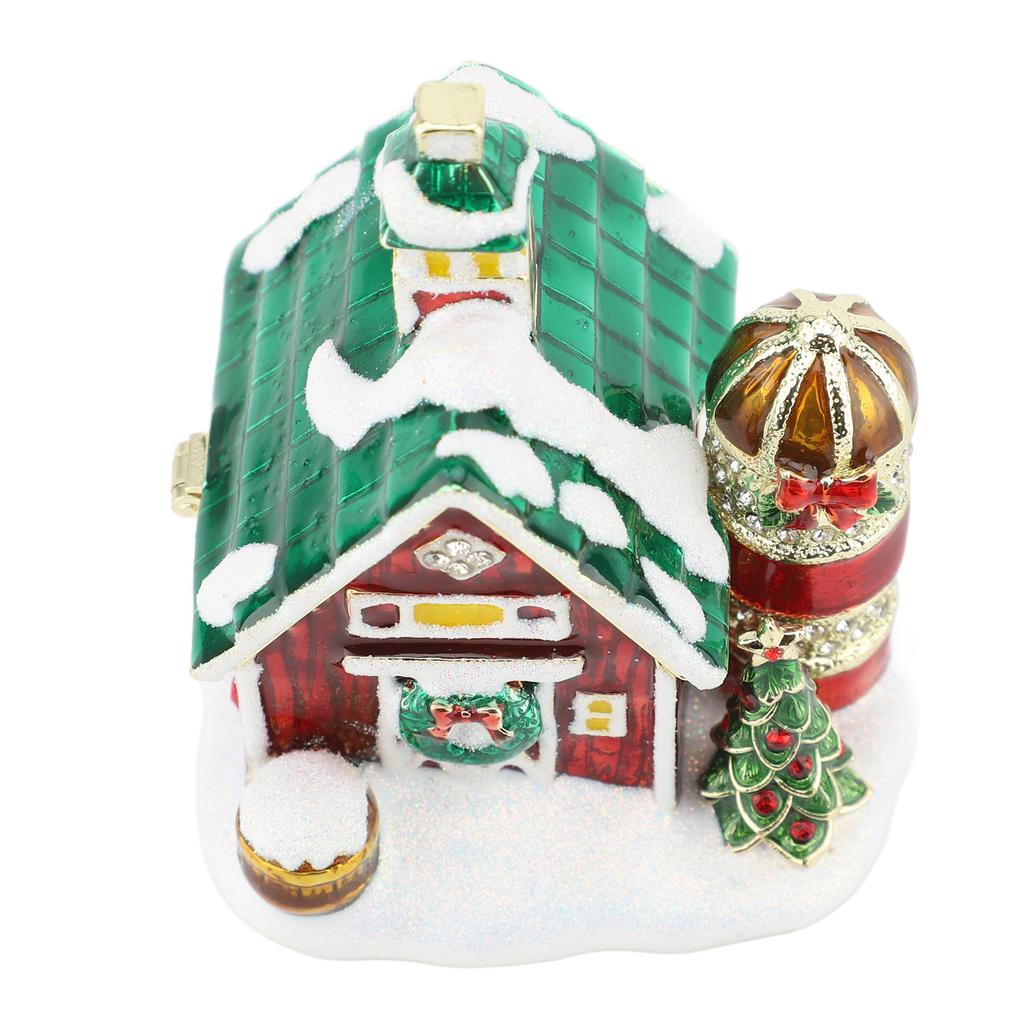 Xmas House Figurine Trinket Box Hinged Collectible Rhinestones Jeweled Painted Enameled Jewelry Ring Holder Box