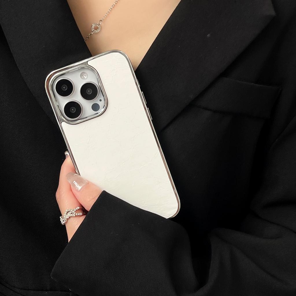 16 Glossy Leather Pattern Electroplating Frame Mobile Phone Case Is Suitable for Apple 15PROMAX Creative 14 Trend 13 Large Holes 12 Stickers