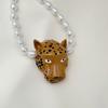 Retro Enamel Leopard Head Pendant Imitation Pearl Necklace Fashion Trendy Neckchain Women Trendy Personalized Jewelry Accessorie