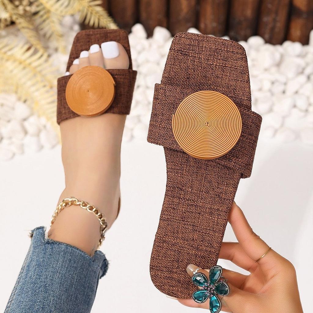 Women's Big Size Round Buckle Flat Bottom Casual Beach Sandal Slippers Summer Breathable Fashion Shoes for Outdoor