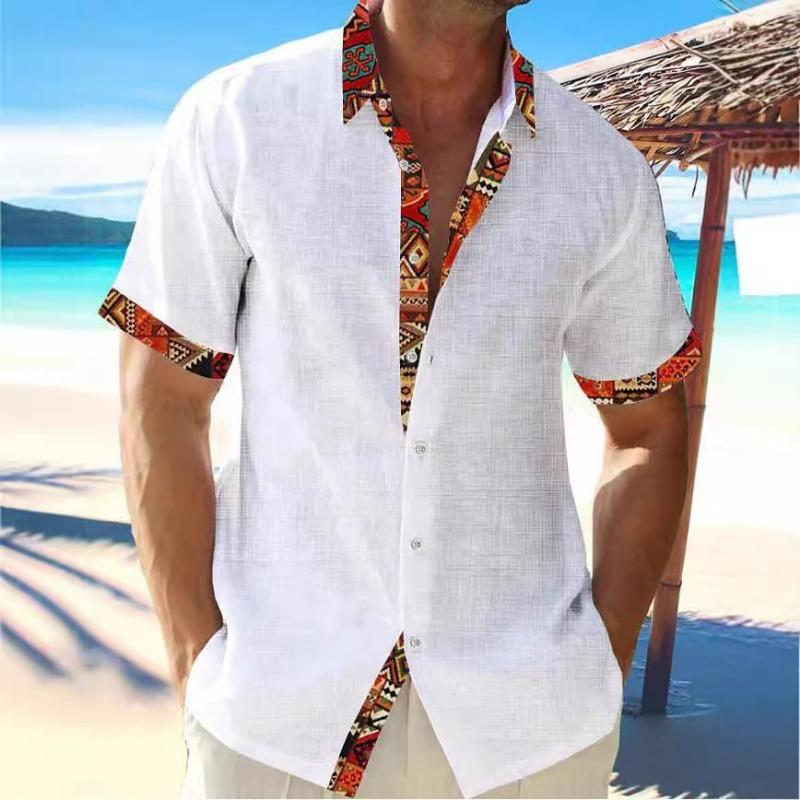 Men Short Sleeve Ethnic Print Casual Button Down Shirt Tops