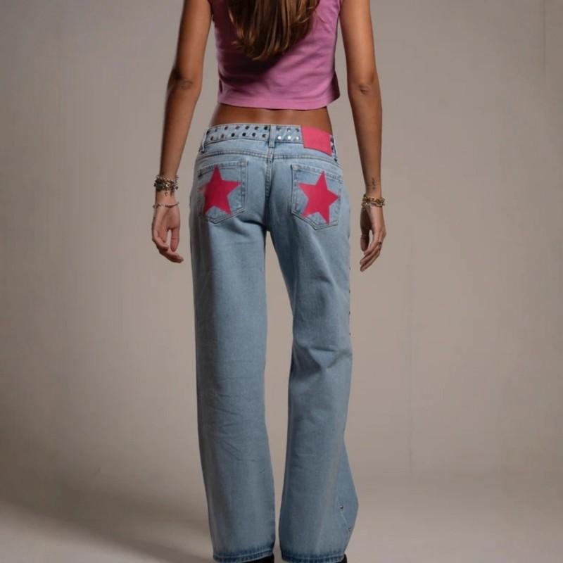 Vintage Star Print Denim Jeans Women Loose Straight Cut Streetwear Casual Pants