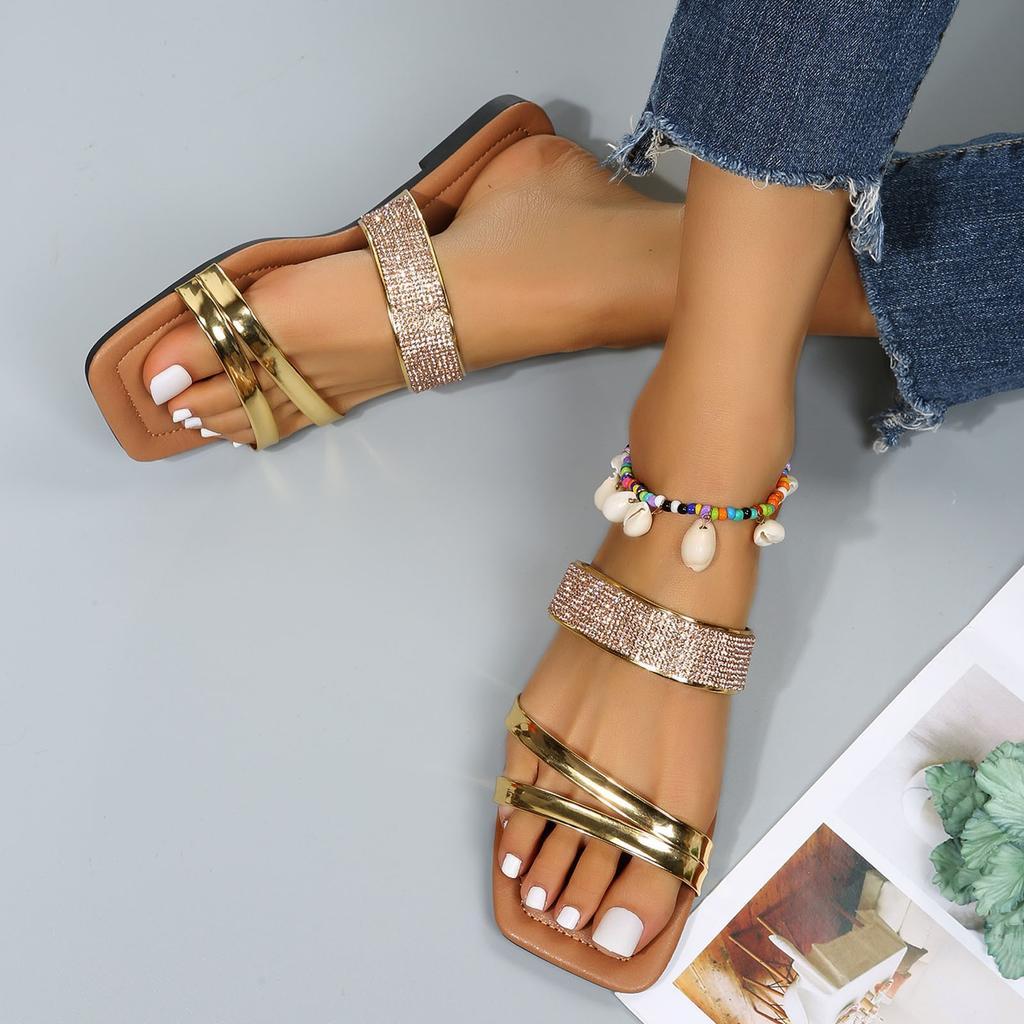Bathroom Slippers For Women Washable Women'S Summer Rhinestones Non Slip Solid Color Slip On Flat Beach Open Sandals For Woman