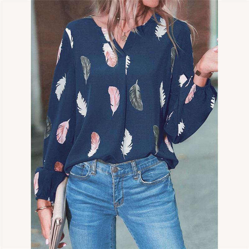 New European And American Women's V-neck Feather Print Long-sleeved Loose T-shirt Large Size Casual All-match Top