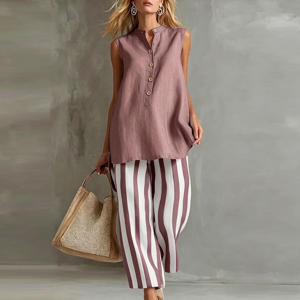 Sleeveless Button Front Blouse and Wide Leg Striped Pants Two Piece Set for Women Casual Loose Fit Summer Outfit