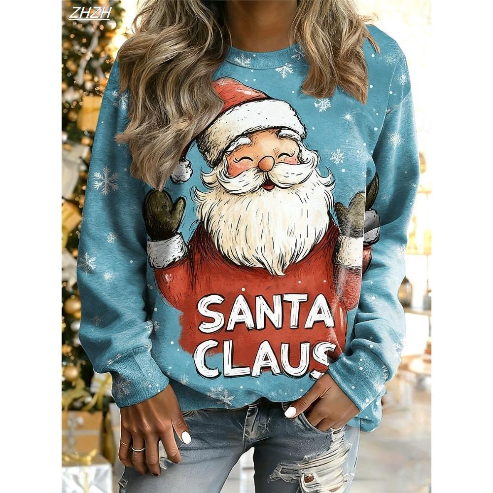 Women's Christmas Santa Graphic Pullover, Cozy Long Sleeve Crewneck, Holiday Home Street Style, Fall Winter Casual sweatshirt