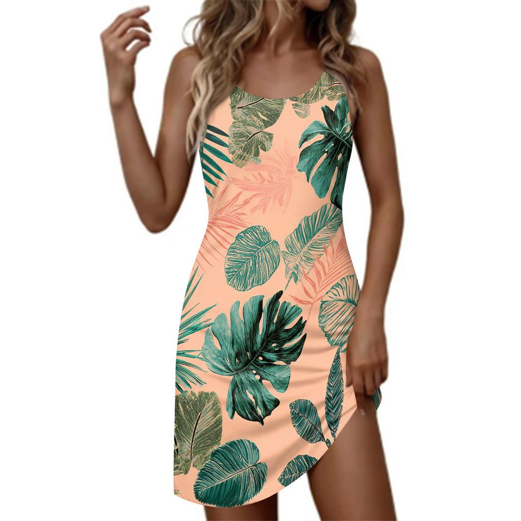 Women's Fashionable Casual Hawaiian Print Round Neck Sleeveless Dress