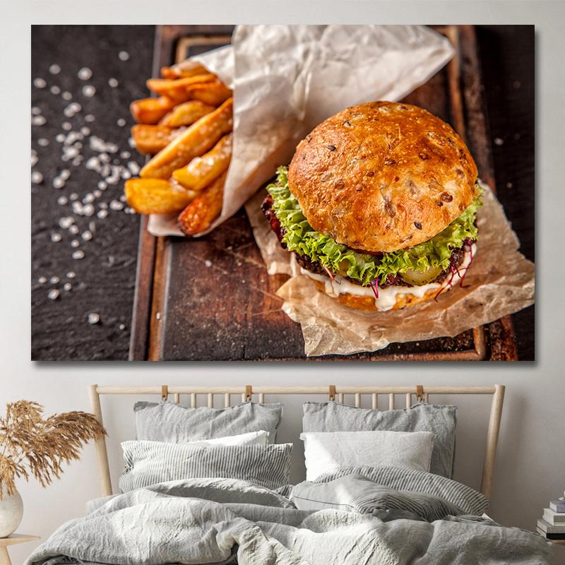 Amerikanischer Stil Fast-Food-Bilder, Leinwandgemälde, Hamburger, Pommes, Hot Dog, Poster und Drucke für Wohnzimmer, Küche, Wanddekoration