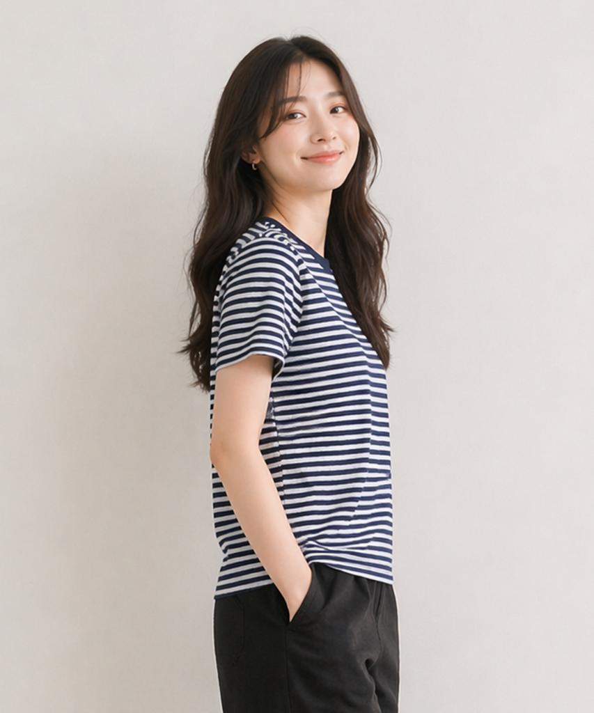 ADERNM Slub Stripe Crop T Navy