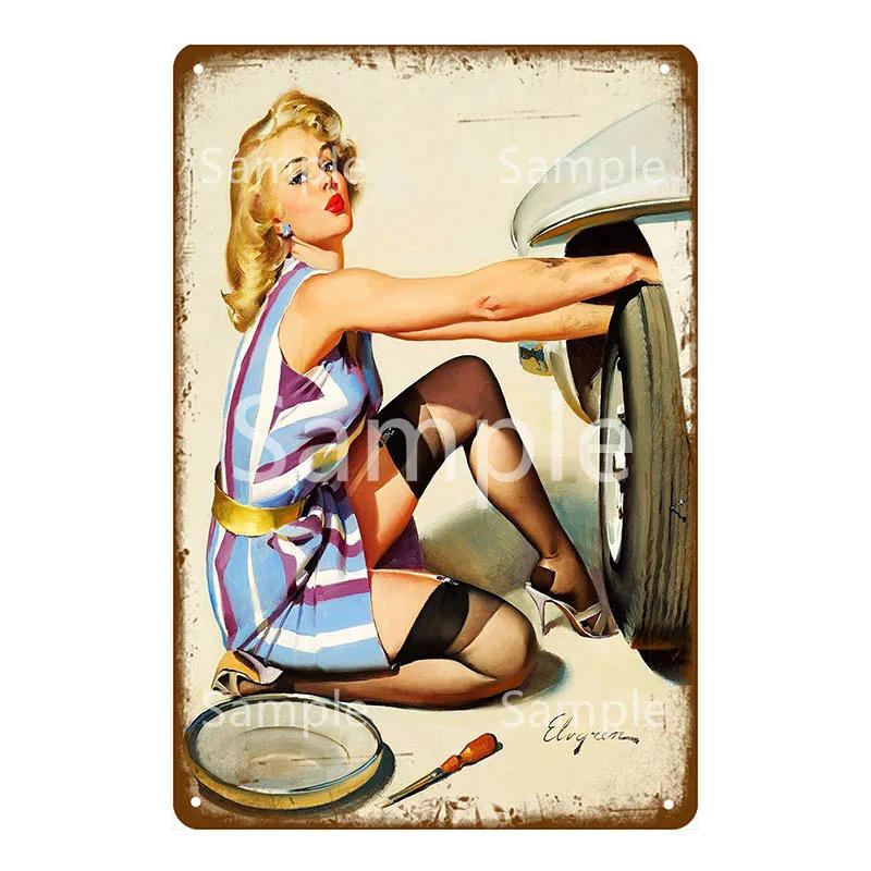 Plakat na ścianę garażu Samochód Pin Up Girl Retro Vintage Dekoracja Metalowy Blaszany Znak Do Jaskini Mężczyzny Sklepu Klubu Baru Dekoracja Ścienna YL078