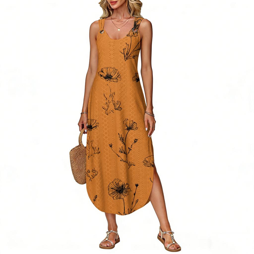 Women's Summer Long Dress, Sleeveless With Side Slits, Long Floral Printed Camisole Dress