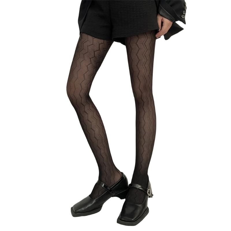 Women Sexy Sheer Tights Vertical Striped Jacquard Patterned Fishnet Stockings Hollow-Out Mesh Black Pantyhose Leggings 1