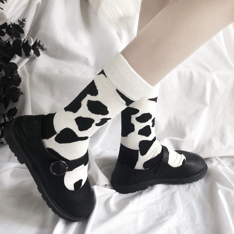 Cute Korean Style Black and White Cow Pattern Women's Mid-Tube Cotton Socks - Harajuku Fashion Trend.