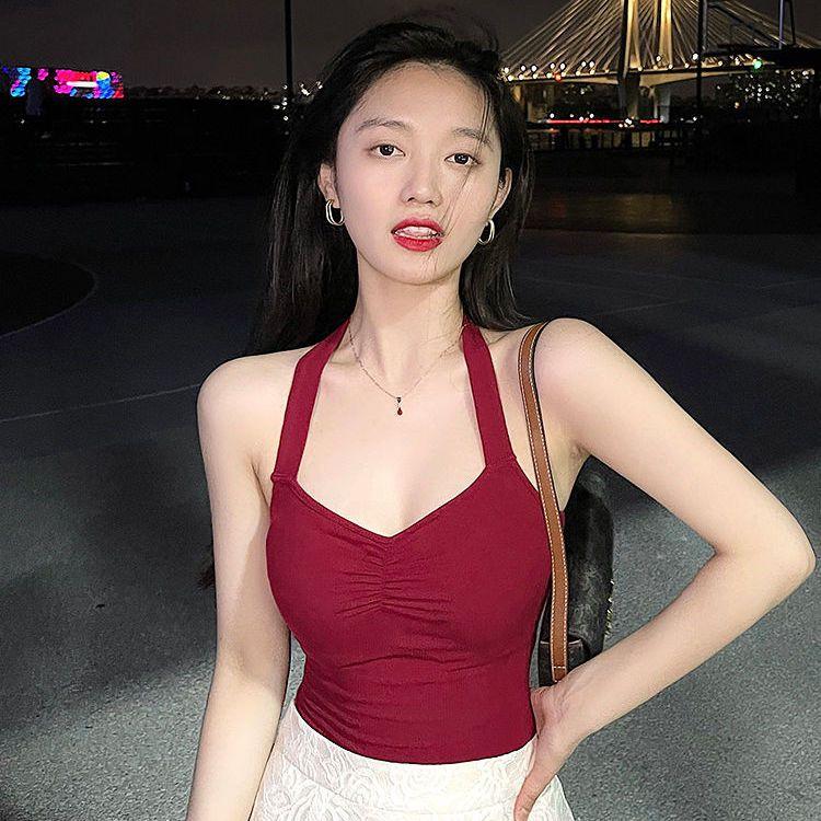 

Женские топы, винтажная сексуальная однотонная майка, нишевая майка с подвесным воротником, топы с красивой спиной XXL красный