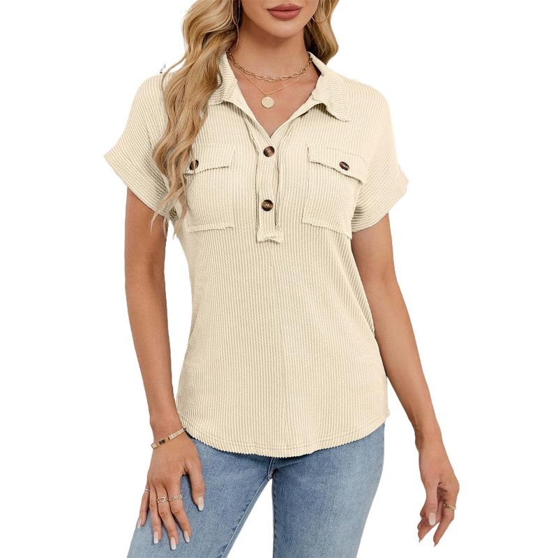 Summer New Women's Lapel Pocket Short-sleeved Solid Color T-shirt Casual Versatile Top