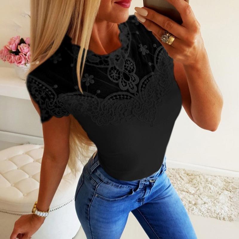 Summer Women Short Sleeve Lace Seethrough Top Fashion Frilled Hollow Top Out