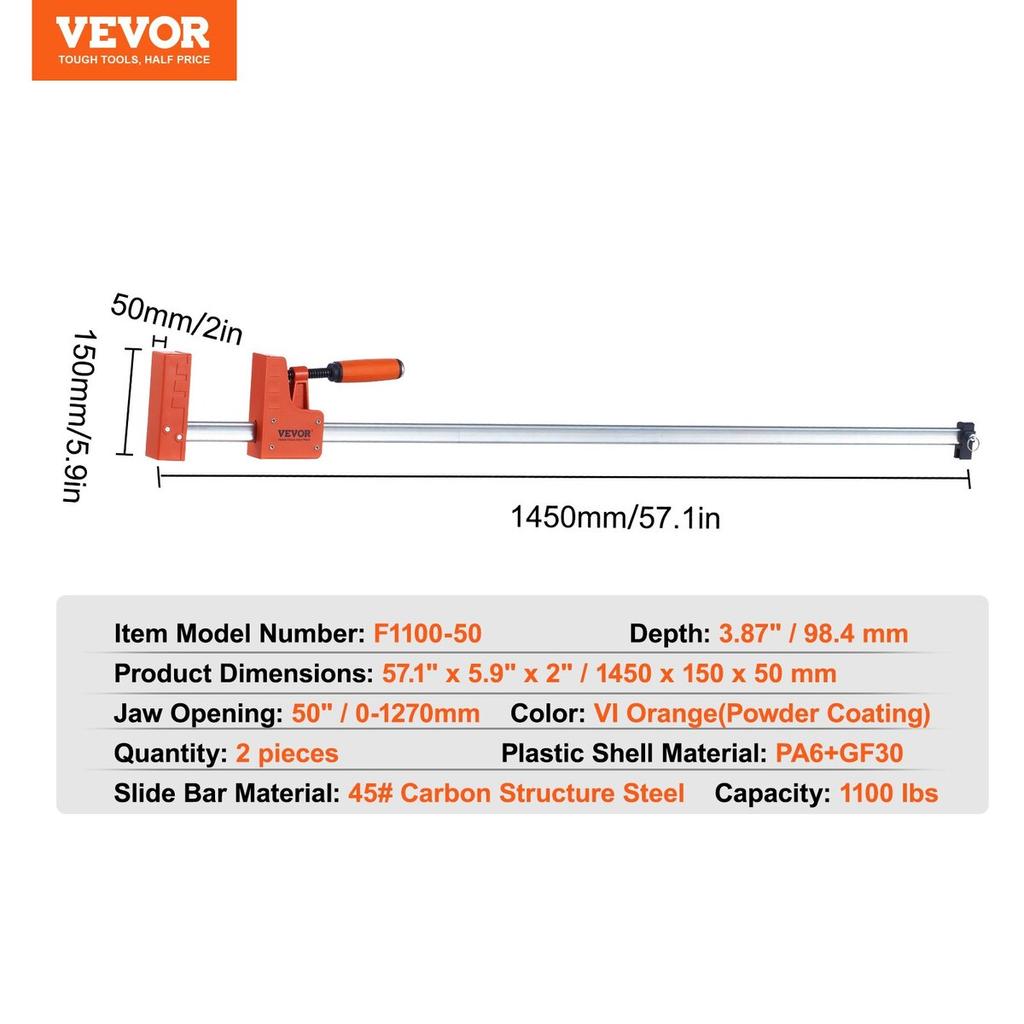 Bar Clamps for Woodworking, 2-Pack 50" Parallel Clamp Set, F Clamp with 1100 lbs Load Limit, Even Pressure, High-strength Plastic and Carbon Steel,