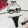 2 Pcs/Set Women Underwear Set Bow Decor Hollow Out Three-point Lace-up Halter Neck Honeymoon Bedroom Bra G-string Set High Waist Revealing Thong