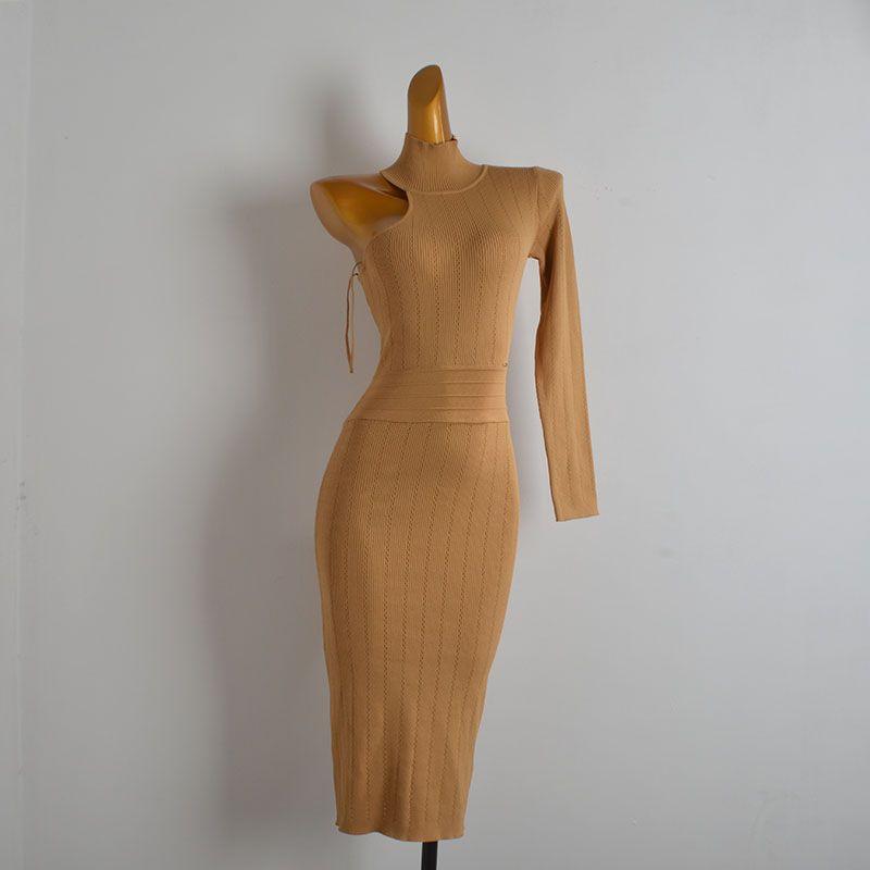 

Western Style Turtleneck Gyaru Sexy One-Shoulder Sleeve Knitted dress Women clothes Spring and Autumn Slim fit Slimming One-Step Skirt Figure Color S