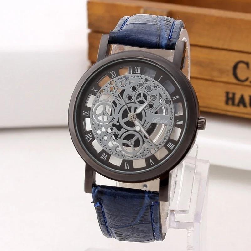 Módní Business Skeleton Hodinky Pánské Gravírování Duté Reloj Hombre Společenské Křemenné Náramkové Hodinky Kožený Řemínek Dámské Hodinky