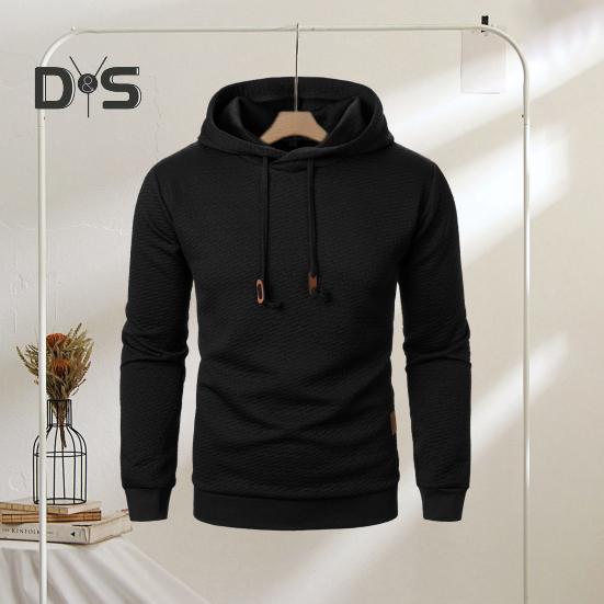 Men Fall Winter Hoodie Solid Color Drawstring Long Sleeves Jacquard Design Hooded Elastic Cuff And Hem Thin Daily Wear Casual Sport Top