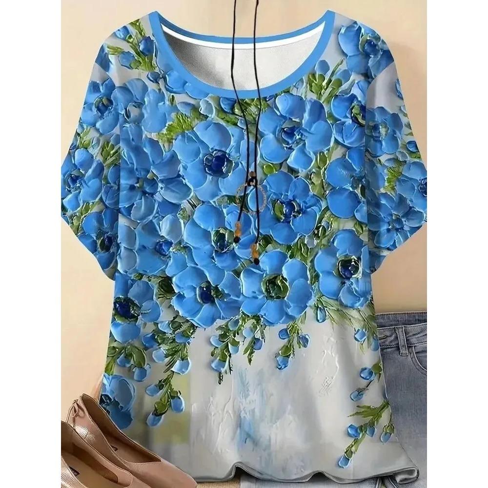 Summer Women s 3D Flower Printing Crew Neck T-Shirt Fashion Versatile Breathable Trend Casual XS