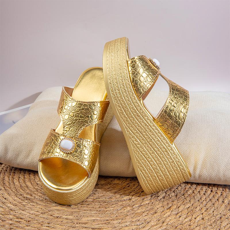 Fashion Gold Cross Band Wedges Sandals for Women Large Pearl Patent Leather Chunky Platform Slippers Thick Sole Non Slip Party Shoes