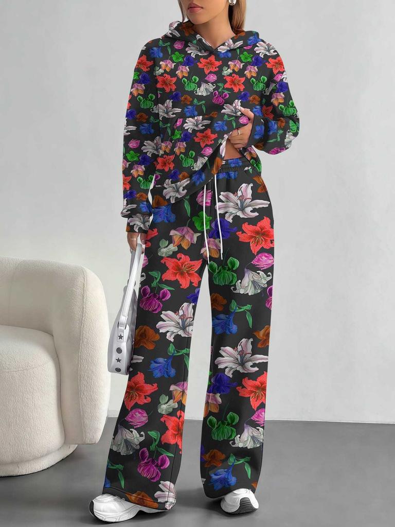 Flowers European, American Autumn and Winter Casual Long-sleeved Suit Women's Hooded Sweater Trousers Two-piece Set