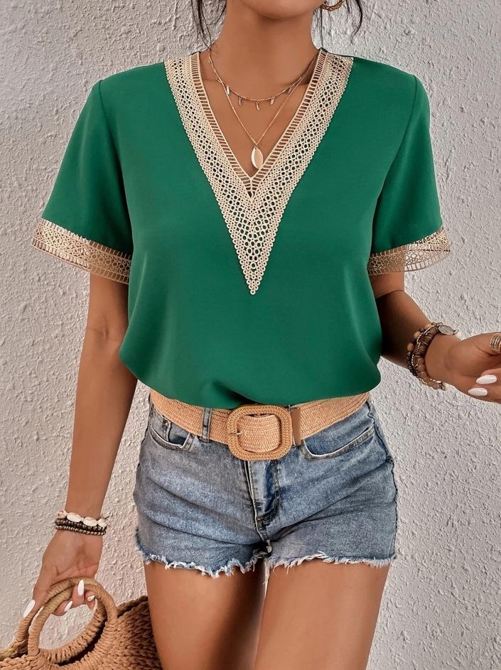 Women's V-Neck Lace Loose Top Temperament Commuter Short Sleeve Shirt Women