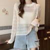 Women's Hollowed Out Knitted Sweater for Spring and Summer Loose Fitting Sun Protection Cover Long Sleeved Unique Top