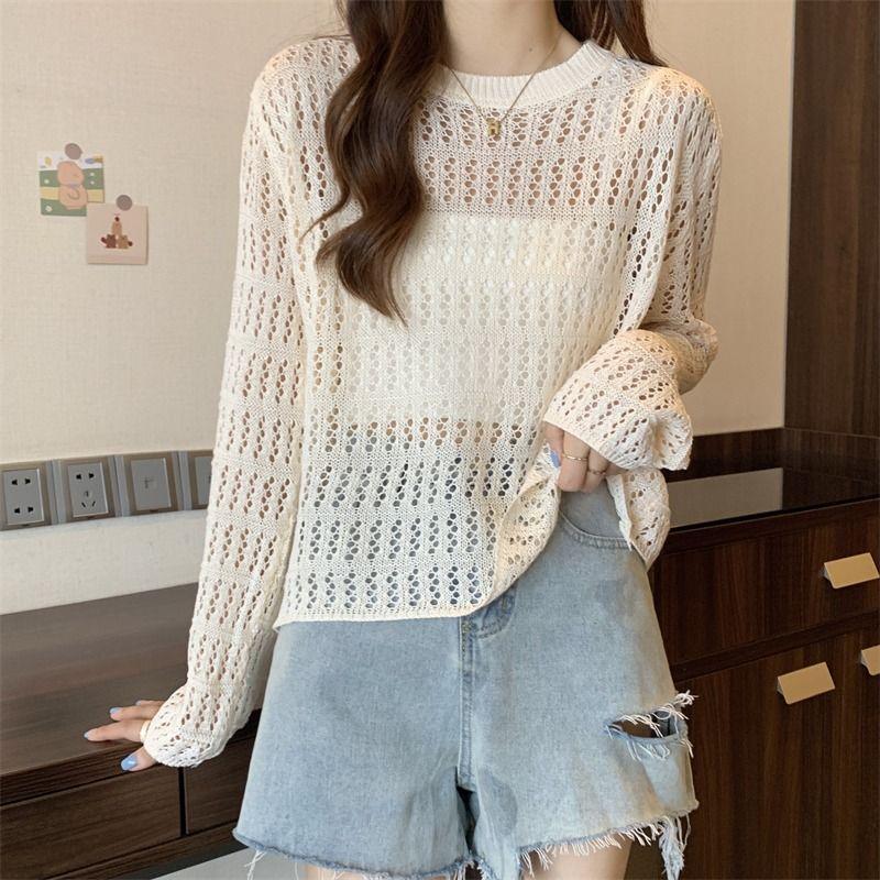 Women's Hollowed Out Knitted Sweater for Spring and Summer Loose Fitting Sun Protection Cover Long Sleeved Unique Top