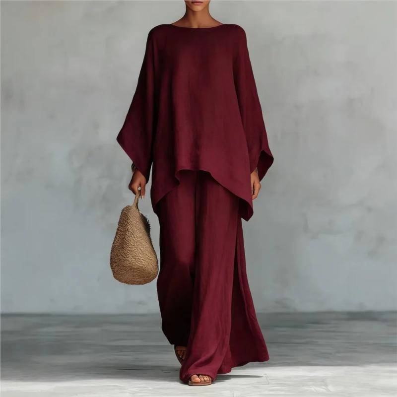 Fashion Linen Loose Long-sleeved Wide-leg Trousers 2-piece Set Women Spring Casual Retro Elegant Female Simple Trousers Suit