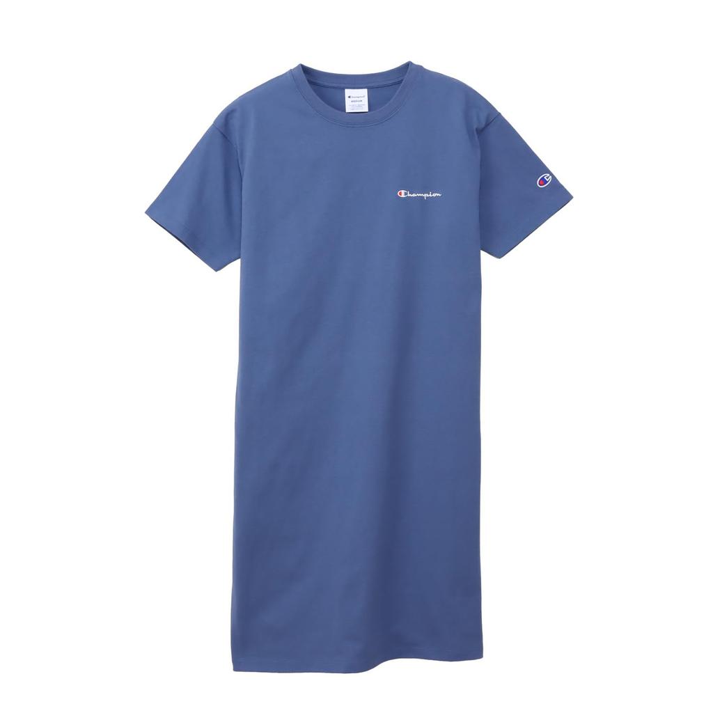 Champion Basic Windsor Blue Shirt Short Crew Cotton Script Logo Relax Fit Women's CW-X339 Dress, Sleeve, Neck, USA, Embroidery,