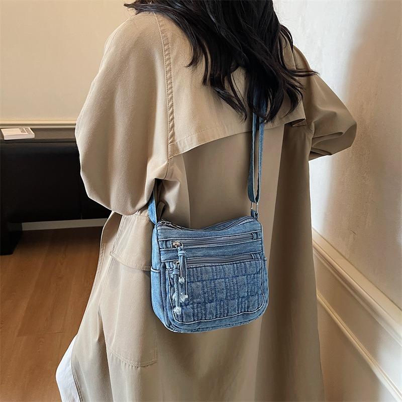 Denim Messenger Bag mit mehreren Reißverschlüssen Damen neue Retro literarische Pendlertasche lässige Mode Umhängetasche