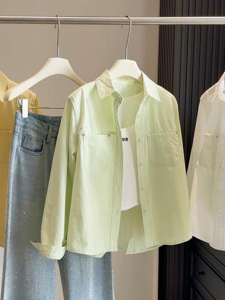 2026 Spring Women's Loose Fit Milk Yellow Cotton Long Sleeve Lapel Shirt - Versatile Commute Sun Protection Top