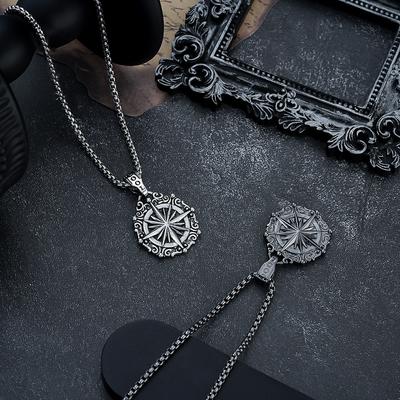 Viking Style Round Compass Pendant Necklace For Men
