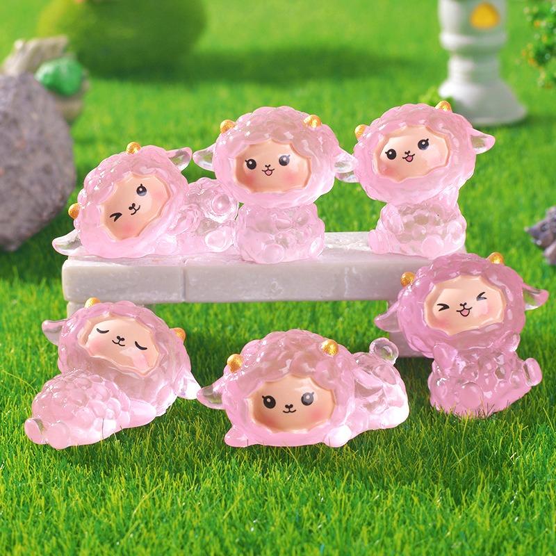 

12Pcs Pink Sheep Micro Landscape Small Ornament Cute Animal Small Pink Sheep Luminous Small Ornament Resin Accessories Set 12pcs