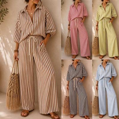 European and American Women's Clothing Summer New Fashion Striped Women's Long-sleeved Shirt Loose Pants Two-piece Set