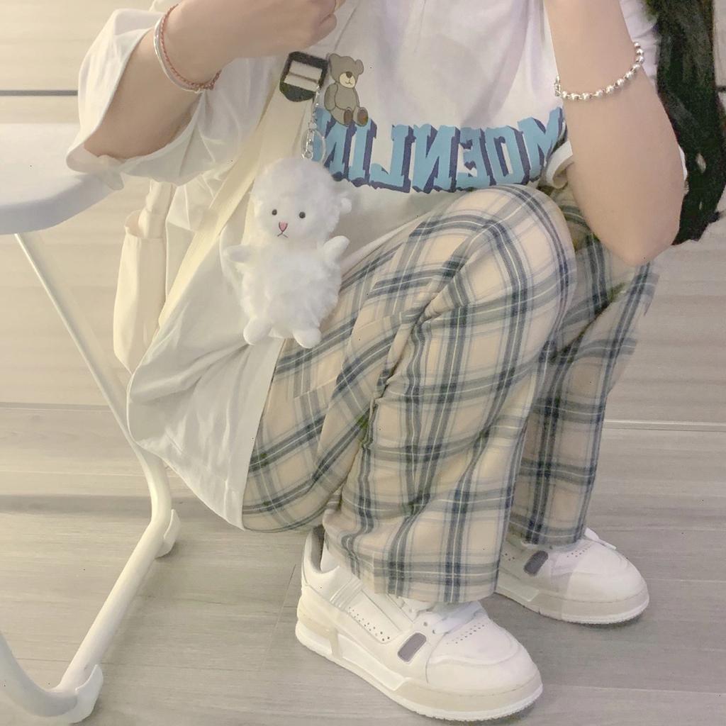 Casual arbetsbyxor för kvinnor med fickor Elastiska midja rutiga byxor