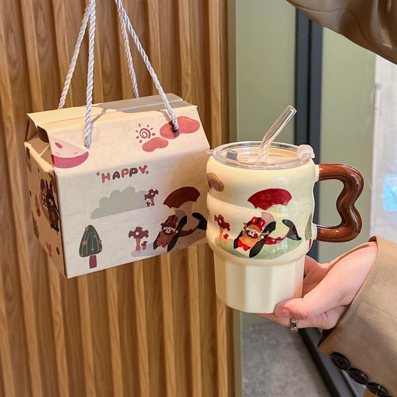 Birthday gift for girls, retro girl straw ceramic cup, cute mug with lid, girlfriend's souvenir gift box.