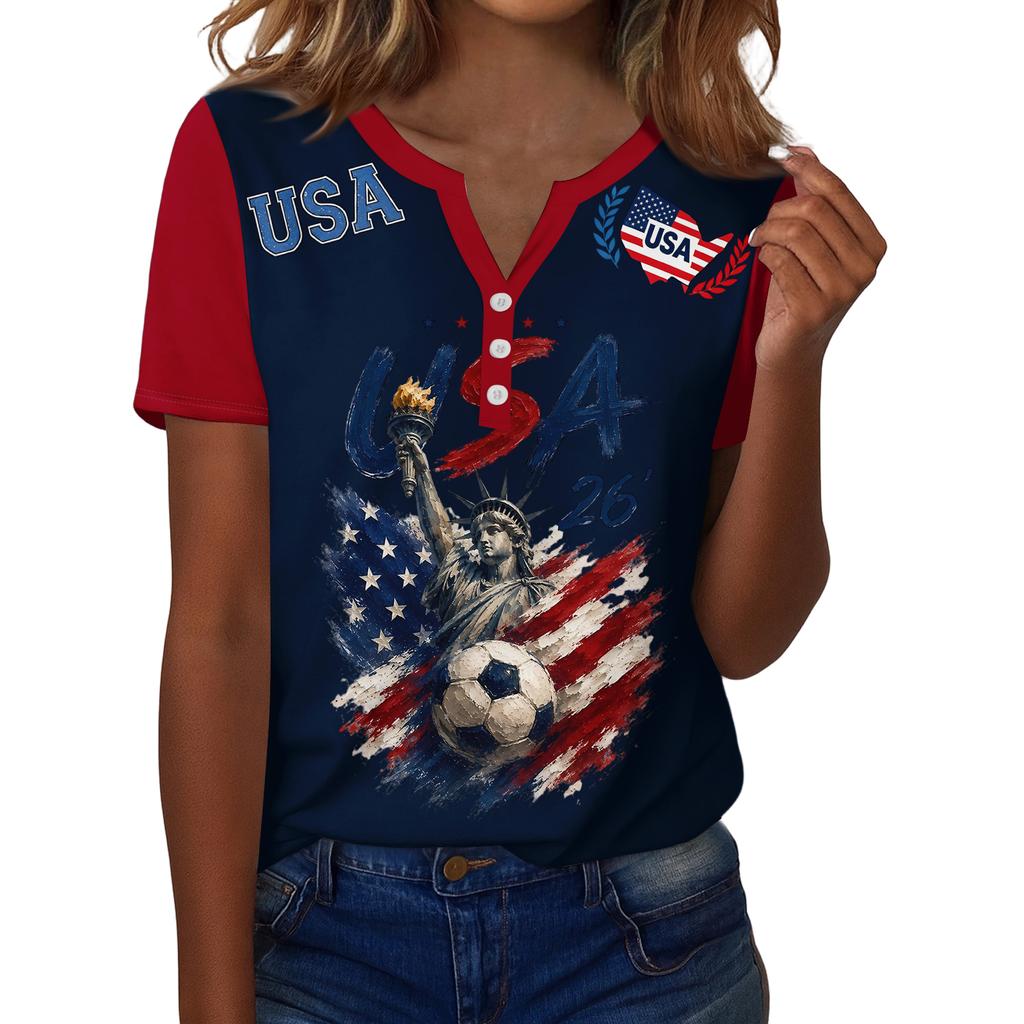 Women's Casual V-Neck Short Sleeve Button Down T-Shirt with Soccer Graphic Print