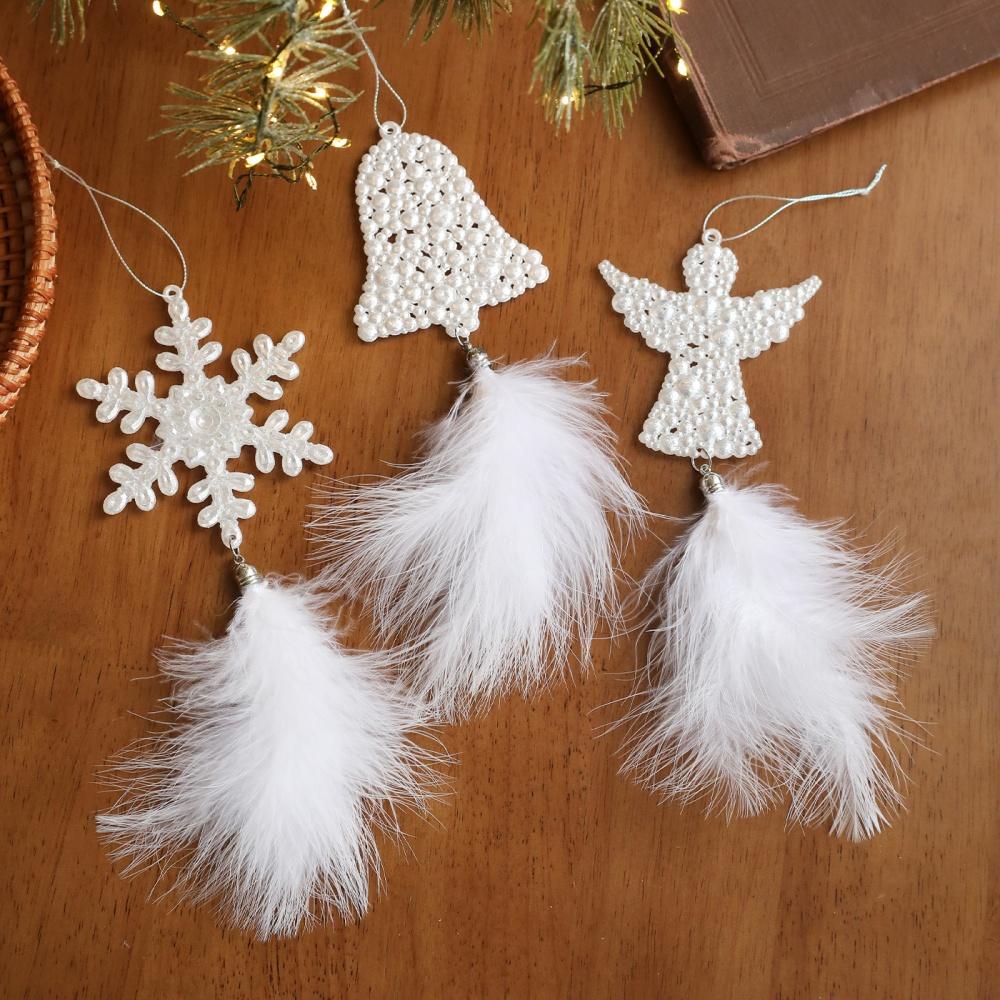 Christmas Tree Pendants White Feather Snowflake Angel Bell Hanging Ornament New Year Party Window Wall Christmas Decoration