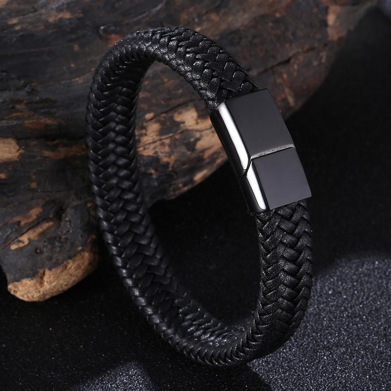 Klassisk Svart Rustfritt Stål Knapp Menn Lærarmbånd Luksus Armbånd Gave